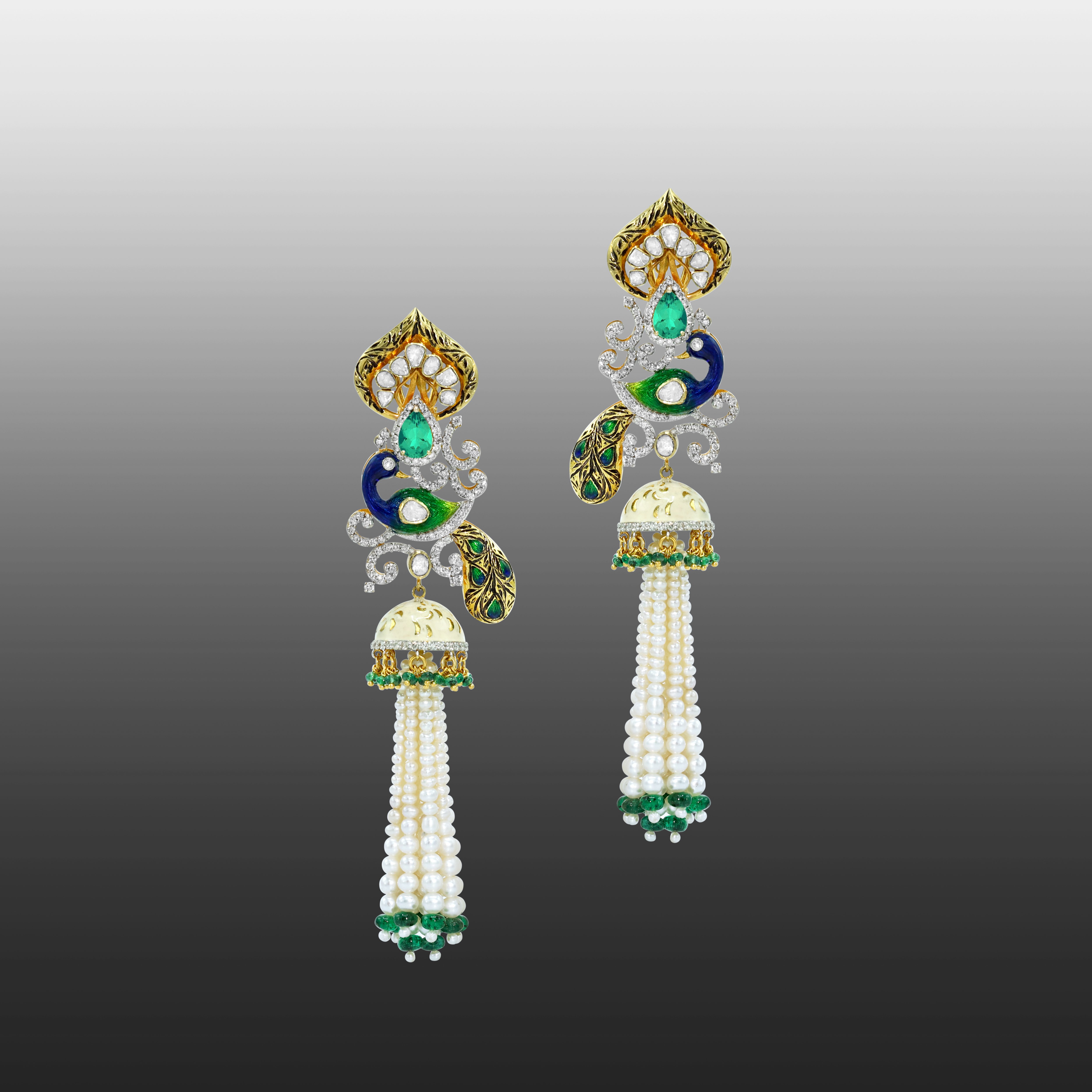 Pearl and Emerald Necklace Set with Polki and Peacock Motifs